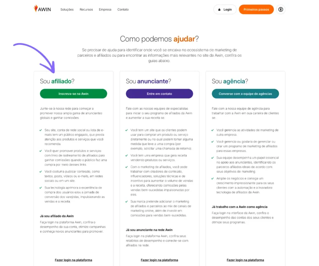 Como se inscrever na Awin como afiliado
