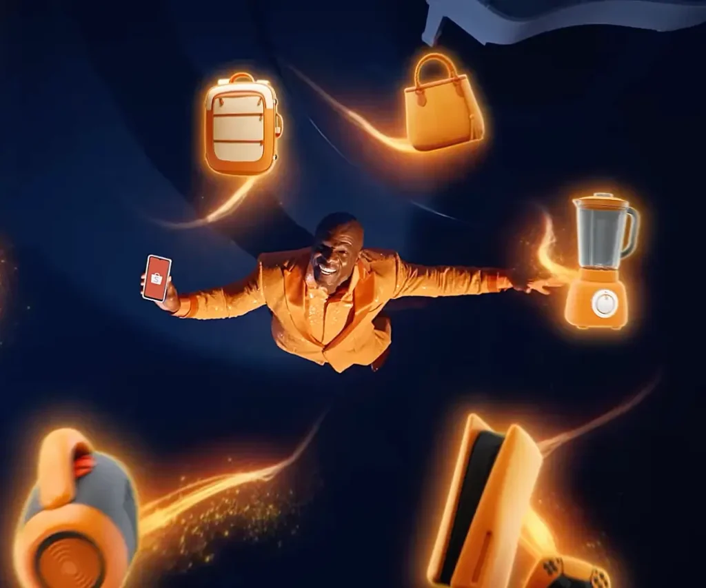 Como ser afiliado da Shopee e faturar online hoje mesmo. Img alt: Terry Crews com um celular na mão aberto no aplicativo da Shopee.